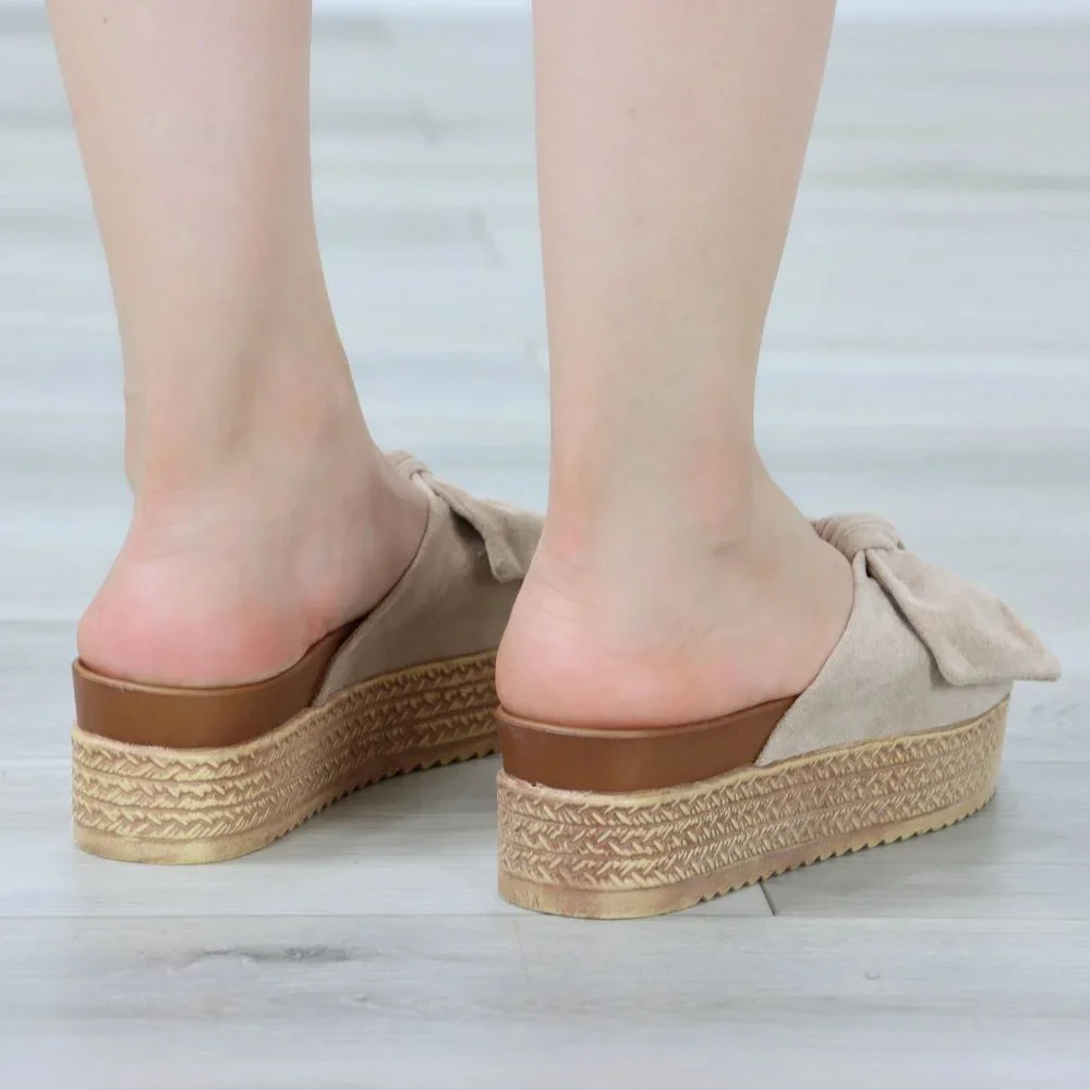 Suede Nude Bow Comfort Platform Sandal Slip On Sliders - Picture 8 of 14